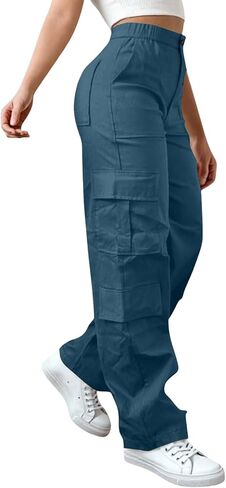 سراويل البضائع النسائية ذات الخصر المطاطي للمشي لمسافات طويلة، سراويل رياضية كاجوال عالية الخصر مستقيمة الساق مع جيوب متعددة in Kuwait