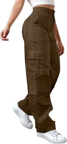 Womens Cargo Pants Elastic Waisted Hiking Pant Athletic Casual High Waist Straight Leg Trousers with Multi Pockets in Saudi Arabia