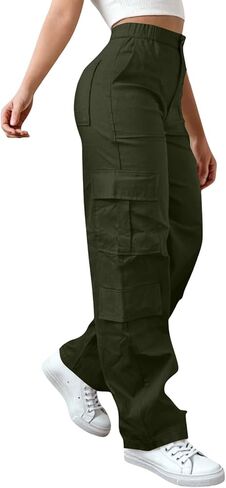 Womens Cargo Pants Elastic Waisted Hiking Pant Athletic Casual High Waist Straight Leg Trousers with Multi Pockets in Saudi Arabia