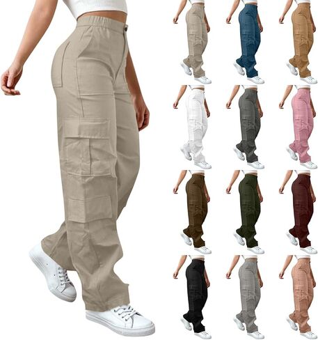 Womens Cargo Pants Elastic Waisted Hiking Pant Athletic Casual High Waist Straight Leg Trousers with Multi Pockets in Saudi Arabia