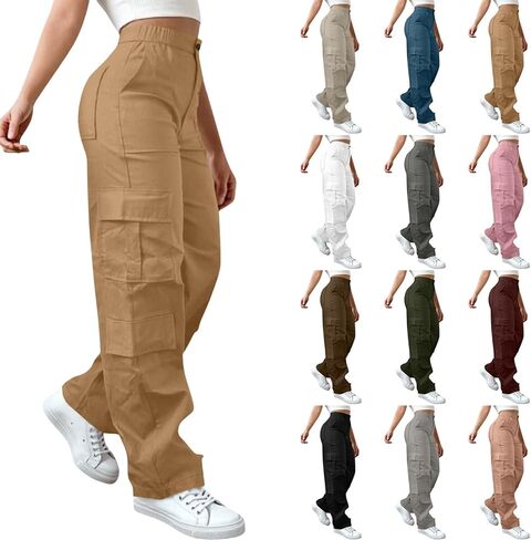 Womens Cargo Pants Elastic Waisted Hiking Pant Athletic Casual High Waist Straight Leg Trousers with Multi Pockets in Saudi Arabia