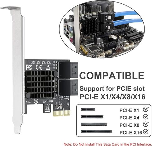 بطاقة SATA، 4 منافذ مع 4 كابلات SATA، بطاقة توسيع وحدة تحكم SATA مع حامل منخفض المستوى، غير رائد، التمهيد كقرص نظام، دعم 4 أجهزة SATA 3.0 in Kuwait