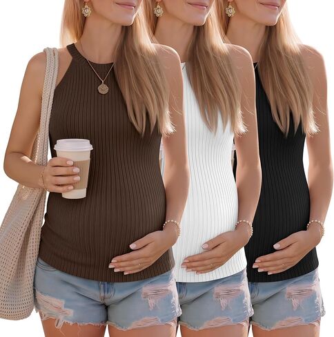 3 Pack Women's Maternity Tank Tops | 92% Cotton, Ribbed Knit, Pregnancy Shirts, Summer, Sleeveless, Halter Clothes, Casual, Layering, Daily Wear in Saudi Arabia