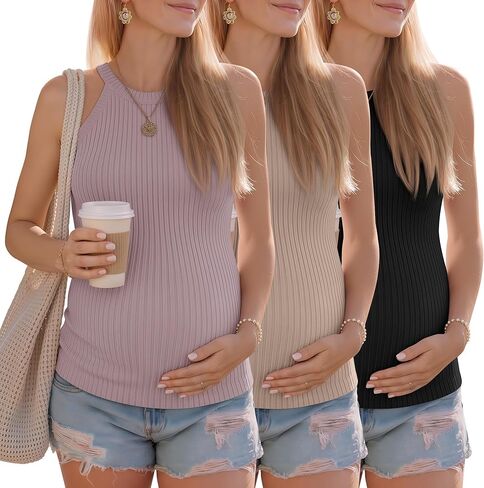 3 Pack Women's Cotton Maternity Halter Tank Tops Tees Ribbed Sleeveless Side Ruched Soft Basic Pregnancy Shirts in Saudi Arabia