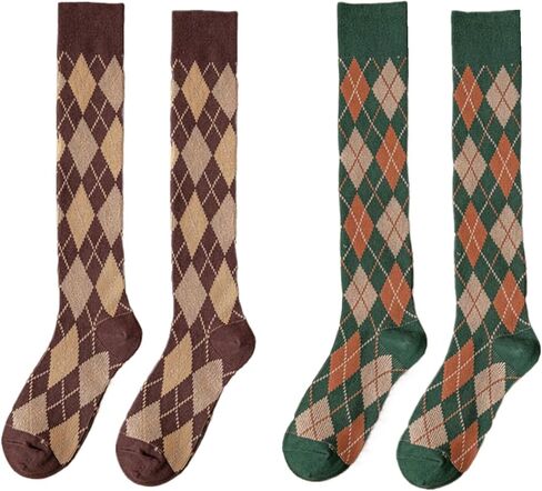النساء Argyle جوارب طويلة إلى الركب الفتيات الجدة الملونة متقلب في الهواء الطلق جوارب خمر القطن طويل جوارب أنبوبية 2 أزواج in Kuwait