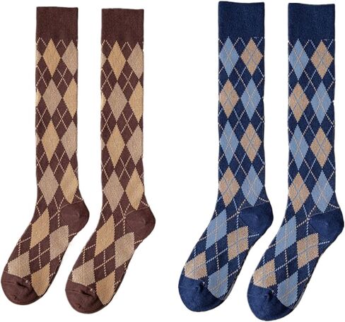 النساء Argyle جوارب طويلة إلى الركب الفتيات الجدة الملونة متقلب في الهواء الطلق جوارب خمر القطن طويل جوارب أنبوبية 2 أزواج in Kuwait