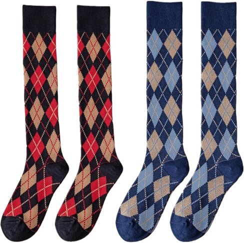 النساء Argyle جوارب طويلة إلى الركب الفتيات الجدة الملونة متقلب في الهواء الطلق جوارب خمر القطن طويل جوارب أنبوبية 2 أزواج in Kuwait