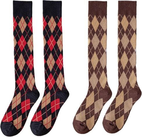 النساء Argyle جوارب طويلة إلى الركب الفتيات الجدة الملونة متقلب في الهواء الطلق جوارب خمر القطن طويل جوارب أنبوبية 2 أزواج in Kuwait