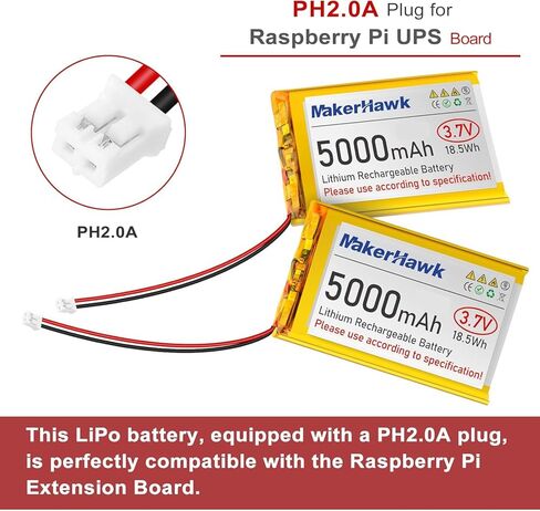 بطارية ليبو 3.7 فولت 5000 مللي أمبير في الساعة من MakerHawk قابلة لإعادة الشحن 1S 3C بطارية ليثيوم بوليمر مع لوح حماية شريط مطاطي معزول، قابس PH2.0 لحزمة بطاريات Arduino ESP32 RPI UPS (عبوتان) in Kuwait
