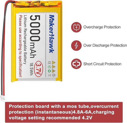 بطارية ليبو 3.7 فولت 5000 مللي أمبير في الساعة من MakerHawk قابلة لإعادة الشحن 1S 3C بطارية ليثيوم بوليمر مع لوح حماية شريط مطاطي معزول، قابس PH2.0 لحزمة بطاريات Arduino ESP32 RPI UPS (عبوتان) in Kuwait