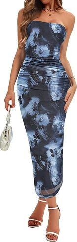 Womens Summer Bodycon Maxi Dresses 2026 Floral Strapless Tube Slit Ruched Mesh Cocktail Party Long Dress in Saudi Arabia