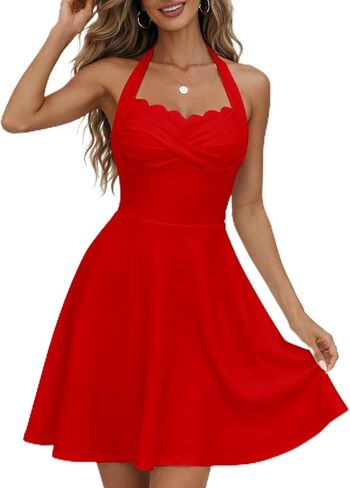 CiCiBird Women's Halter Neck Mini Dress with Pockets Scalloped Neck Retro A-Line Cocktail Party Dress Backless Bow Tie in Saudi Arabia
