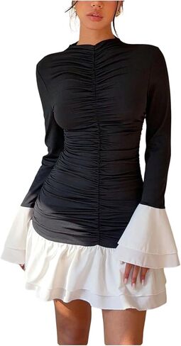 GORGLITTER Women's Long Sleeve Ruched Dress Color Block Cocktail Birthday Dinner Going Out Mini Dresses Fall Trendy in Saudi Arabia