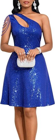 Cololura Women Sequin One Shoulder Cocktail Dress - Sexy Sparkling Tassel A-Line Party Club Prom Night Out Mini Dress in Saudi Arabia