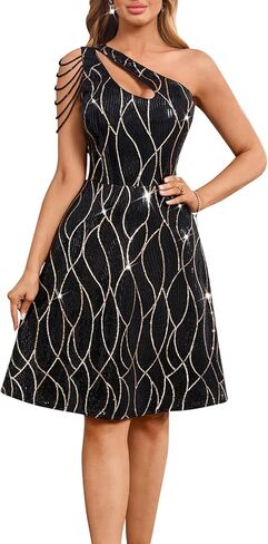 Cololura Women Sequin One Shoulder Cocktail Dress - Sexy Sparkling Tassel A-Line Party Club Prom Night Out Mini Dress in Saudi Arabia