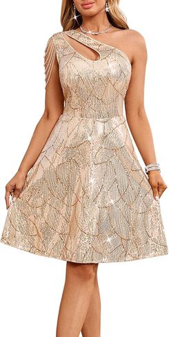 Cololura Women Sequin One Shoulder Cocktail Dress - Sexy Sparkling Tassel A-Line Party Club Prom Night Out Mini Dress in Saudi Arabia
