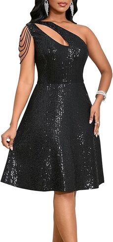 Cololura Women Sequin One Shoulder Cocktail Dress - Sexy Sparkling Tassel A-Line Party Club Prom Night Out Mini Dress in Saudi Arabia