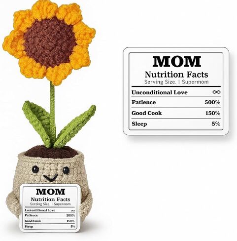 Handmade Crochet Sunflower Gift with “Mom Nutrition Facts" Card – Funny for Mom – Cute Knitted Plant Desk Decor, Birthday & Appreciation Gift for Mother in Kuwait