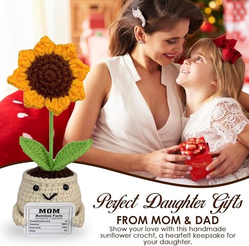 Handmade Crochet Sunflower Gift with “Mom Nutrition Facts" Card – Funny for Mom – Cute Knitted Plant Desk Decor, Birthday & Appreciation Gift for Mother in Kuwait