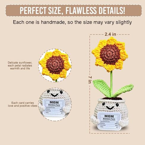 Handmade Crochet Sunflower Gift with “Mom Nutrition Facts" Card – Funny for Mom – Cute Knitted Plant Desk Decor, Birthday & Appreciation Gift for Mother in Kuwait