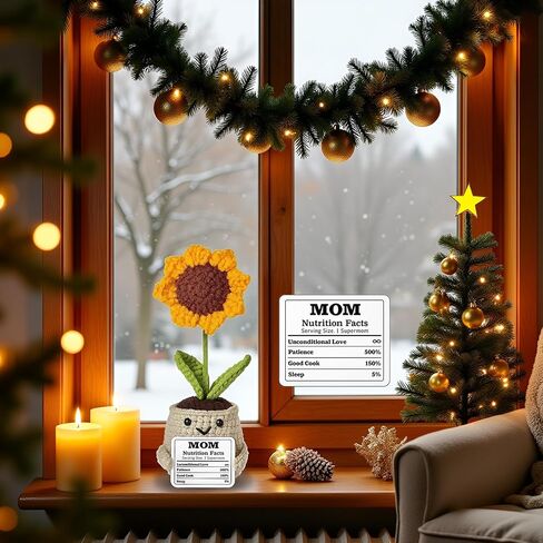 Handmade Crochet Sunflower Gift with “Mom Nutrition Facts" Card – Funny for Mom – Cute Knitted Plant Desk Decor, Birthday & Appreciation Gift for Mother in Kuwait