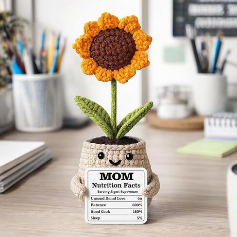 Handmade Crochet Sunflower Gift with “Mom Nutrition Facts" Card – Funny for Mom – Cute Knitted Plant Desk Decor, Birthday & Appreciation Gift for Mother in Kuwait