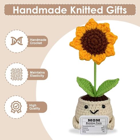 Handmade Crochet Sunflower Gift with “Mom Nutrition Facts" Card – Funny for Mom – Cute Knitted Plant Desk Decor, Birthday & Appreciation Gift for Mother in Kuwait