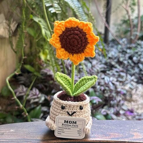 Handmade Crochet Sunflower Gift with “Mom Nutrition Facts" Card – Funny for Mom – Cute Knitted Plant Desk Decor, Birthday & Appreciation Gift for Mother in Kuwait