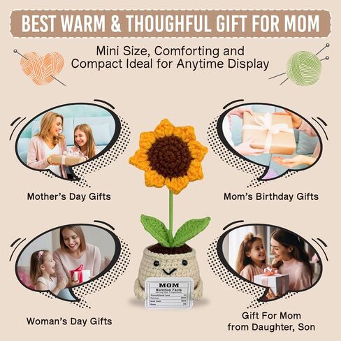 Handmade Crochet Sunflower Gift with “Mom Nutrition Facts" Card – Funny for Mom – Cute Knitted Plant Desk Decor, Birthday & Appreciation Gift for Mother in Kuwait