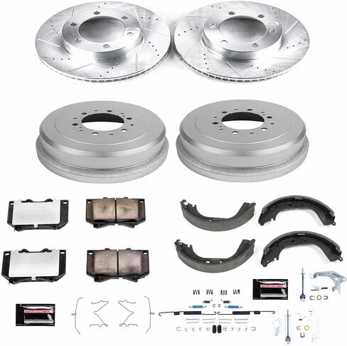 طقم فرامل أمامية وخلفية PowerStop + اسطوانات لسيارة Toyota Tundra 2000-02 - وسادات فرامل سيراميك من ألياف الكربون للشاحنة والسحب + ترقية الدوارات المحفورة والمشقوقة، K15099DK-36 in Saudi Arabia