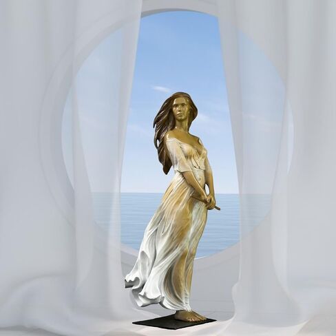 Neoclassical Dancing Nymph Bronze Sculpture, 16.5" Lost-Wax Cast Bronze Artwork with Flowing Silk Gown, Palatial Woman Sculpture for Luxury Mansion Decor & Collector's Heirloom Gift in Saudi Arabia
