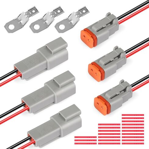 مجموعة موصلات كهربائية ألمانية مقاومة للماء ذات 2 دبوس من DT - سلك 18 AWG، قابس ذكر وأنثى، أسلاك السيارات للسيارة والشاحنات والقوارب والدراجات النارية ومصابيح LED - 3 عبوات (رمادي) in Kuwait