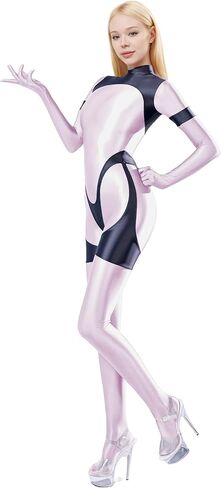 Women's Shiny Two-Tone Catsuit - Long Sleeve Footed Leotard with Thigh & Back Zips in Saudi Arabia