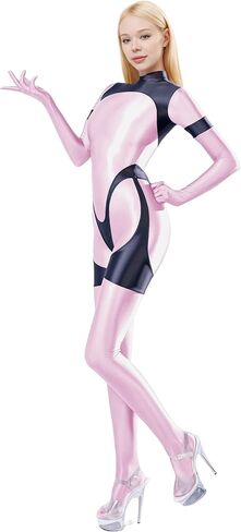 Women's Shiny Two-Tone Catsuit - Long Sleeve Footed Leotard with Thigh & Back Zips in Saudi Arabia