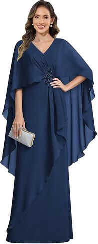Elegant Chiffon Mother of The Bride Dresses with Cape Sleeves Mermaid Formal Wedding Guest Dress in Saudi Arabia