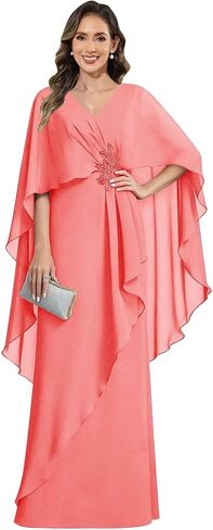 Elegant Chiffon Mother of The Bride Dresses with Cape Sleeves Mermaid Formal Wedding Guest Dress in Saudi Arabia