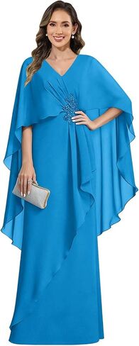 Elegant Chiffon Mother of The Bride Dresses with Cape Sleeves Mermaid Formal Wedding Guest Dress in Saudi Arabia