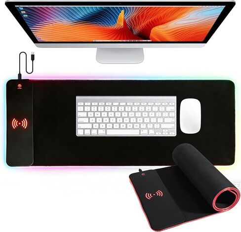 لوحة ماوس ألعاب RGB للشحن اللاسلكي بقدرة 15 وات، وسجادة مكتب كبيرة مقاس XXL (31.5 بوصة × 11.8 بوصة × 0.16 بوصة) مع 13 وضعًا للضوء، متوافقة مع iPhone 17/16/15/14/13/12/11، وSamsung S23، وAirPods in Kuwait