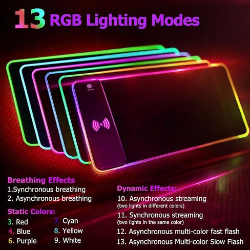 لوحة ماوس ألعاب RGB للشحن اللاسلكي بقدرة 15 وات، وسجادة مكتب كبيرة مقاس XXL (31.5 بوصة × 11.8 بوصة × 0.16 بوصة) مع 13 وضعًا للضوء، متوافقة مع iPhone 17/16/15/14/13/12/11، وSamsung S23، وAirPods in Kuwait