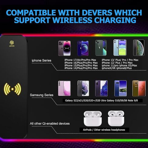 لوحة ماوس ألعاب RGB للشحن اللاسلكي بقدرة 15 وات، وسجادة مكتب كبيرة مقاس XXL (31.5 بوصة × 11.8 بوصة × 0.16 بوصة) مع 13 وضعًا للضوء، متوافقة مع iPhone 17/16/15/14/13/12/11، وSamsung S23، وAirPods in Kuwait