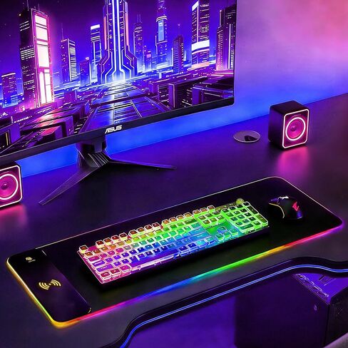 لوحة ماوس ألعاب RGB للشحن اللاسلكي بقدرة 15 وات، وسجادة مكتب كبيرة مقاس XXL (31.5 بوصة × 11.8 بوصة × 0.16 بوصة) مع 13 وضعًا للضوء، متوافقة مع iPhone 17/16/15/14/13/12/11، وSamsung S23، وAirPods in Kuwait