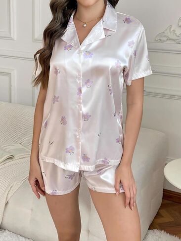 Silk Pajamas for Women Set, 2-Piece Button Down Comfortable Sleepwear with Floral Print, Loungewear with Shirt and Shorts in Saudi Arabia