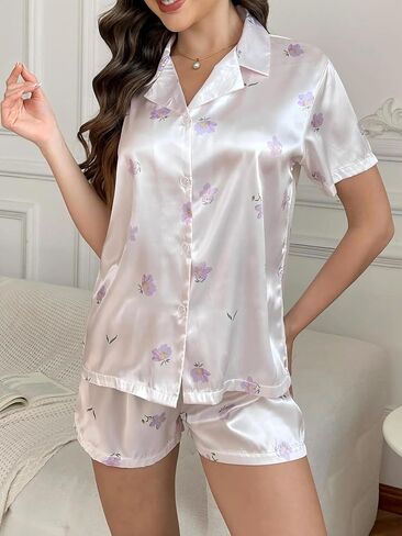 Silk Pajamas for Women Set, 2-Piece Button Down Comfortable Sleepwear with Floral Print, Loungewear with Shirt and Shorts in Saudi Arabia