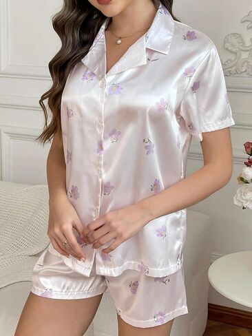 Silk Pajamas for Women Set, 2-Piece Button Down Comfortable Sleepwear with Floral Print, Loungewear with Shirt and Shorts in Saudi Arabia