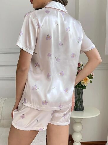 Silk Pajamas for Women Set, 2-Piece Button Down Comfortable Sleepwear with Floral Print, Loungewear with Shirt and Shorts in Saudi Arabia