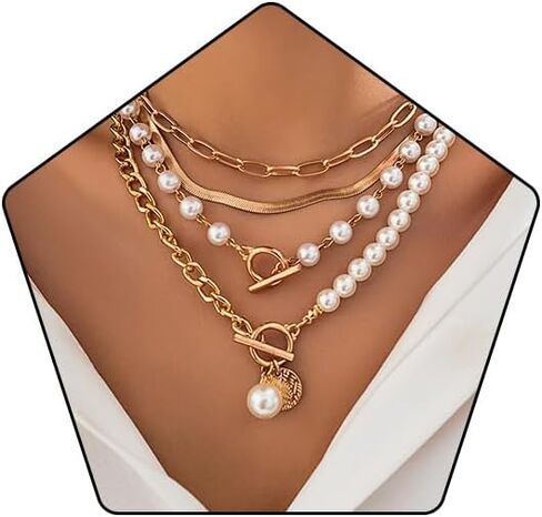 MAQVQLU Gold Layered Chunky Necklace for Women Paperclip Chain Pearl Necklace Herringbone Necklace Gold Chunky Necklaces for Girls in Kuwait