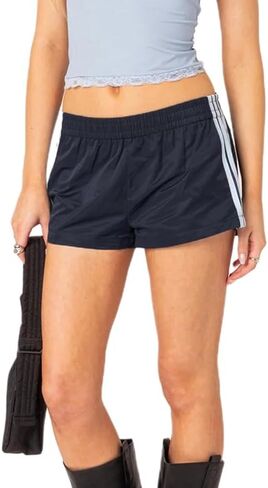 Owl's-Yard سراويل رياضية مخططة للنساء Y2k 3-Stripes مرونة الخصر سراويل قصيرة فضفاضة المرقعة تجريب العرق السراويل in Saudi Arabia