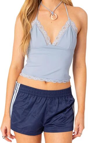 Owl's-Yard سراويل رياضية مخططة للنساء Y2k 3-Stripes مرونة الخصر سراويل قصيرة فضفاضة المرقعة تجريب العرق السراويل in Kuwait