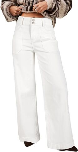 Astylish Women's High Waisted Wide Leg Jeans Stretch Denim Pants Double Button Trousers with Patch Pockets in Saudi Arabia