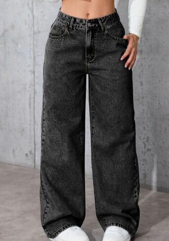 بنطال جينز نسائي بخصر عالٍ وأرجل مستقيمة - بنطال جينز طويل بقصة مريحة للارتداء اليومي غير الرسمي in Saudi Arabia